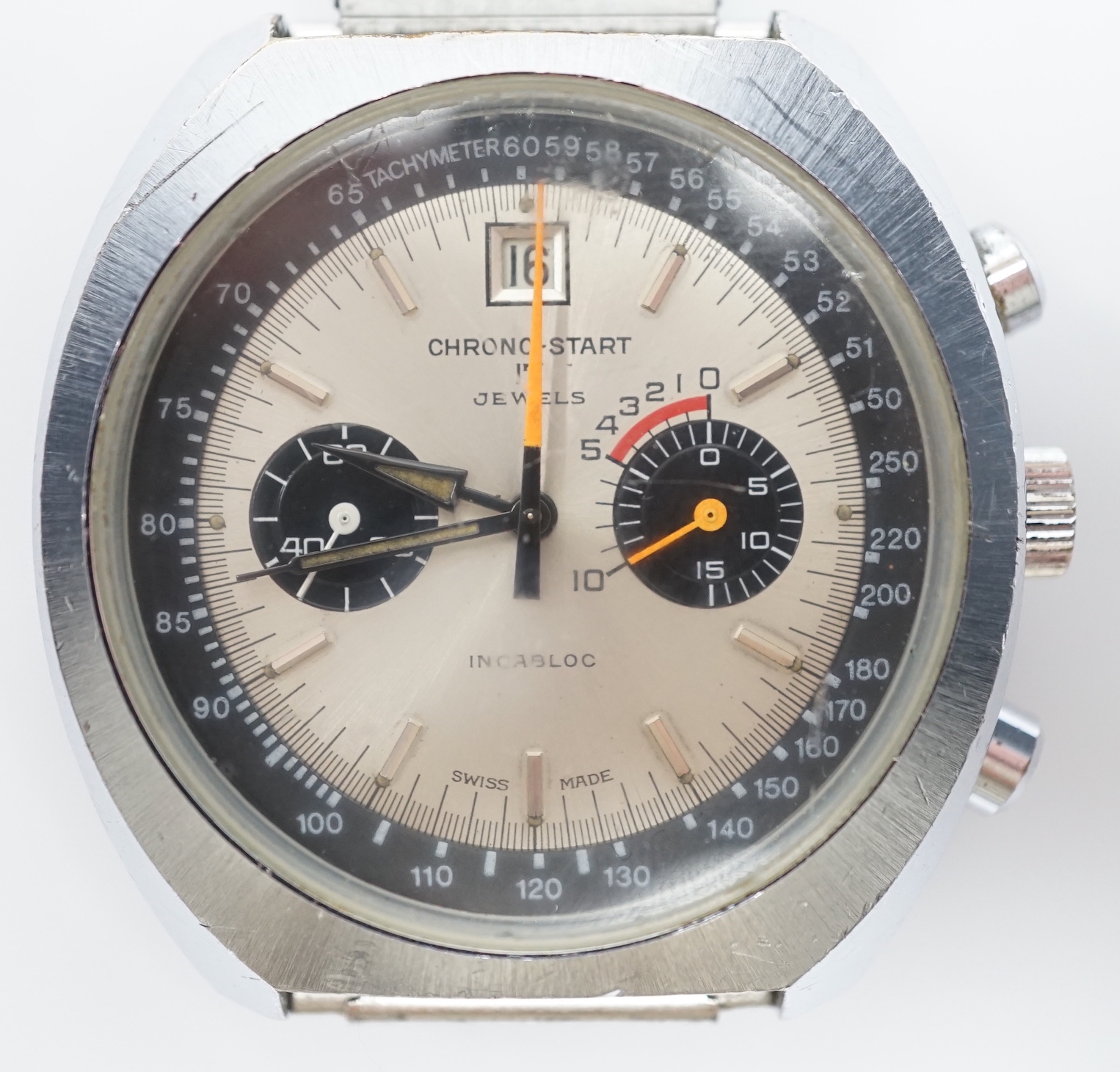 A 1970's Swiss stainless steel Chrono Start 17 jewel manual wind wrist watch, on an associated flexible strap.